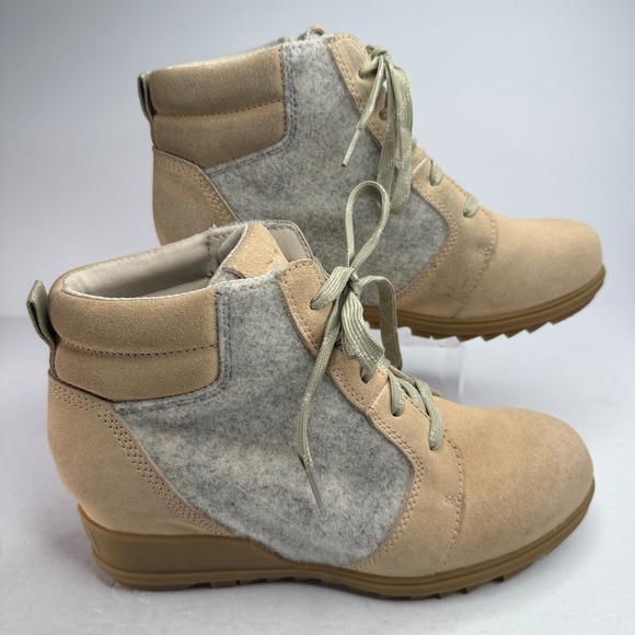 Sorel Shoes - Sorel Evie II Lace Tan Suede Grey Felt Wedge Ankle Boots NL4926-209 Womens 8.5